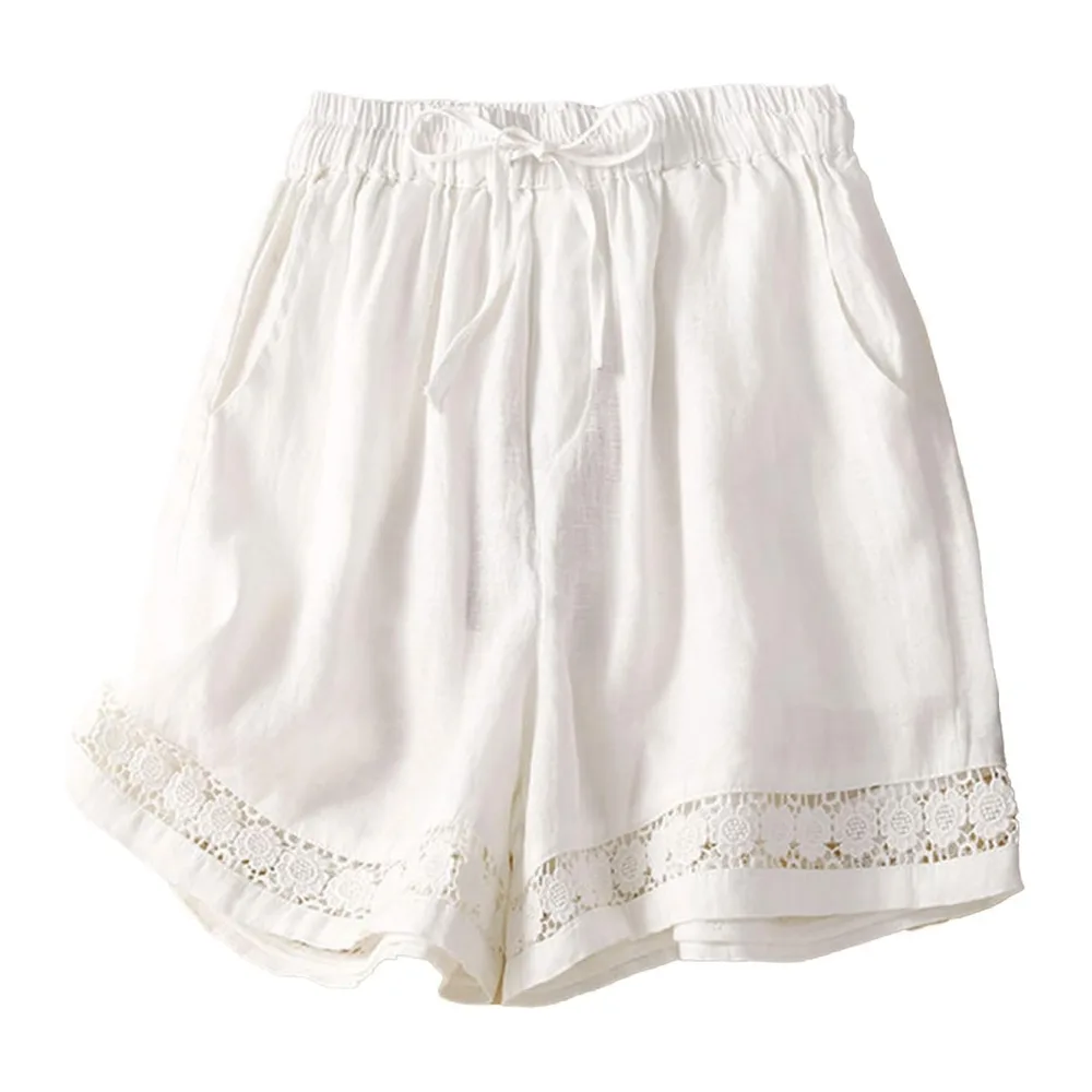 Summer Cotton Linen Solid Colour Hollow Out Shorts with Drawstring and Pockets — Blanc