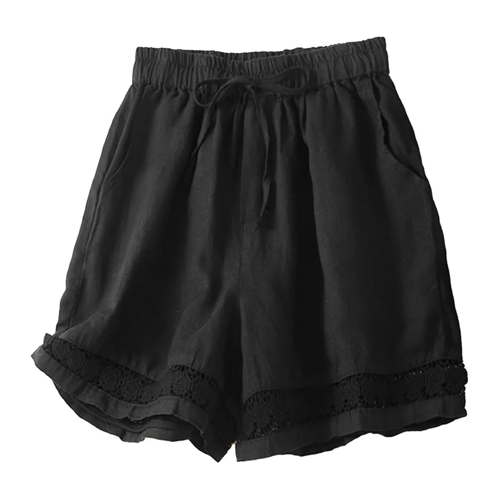 Summer Cotton Linen Solid Colour Hollow Out Shorts with Drawstring and Pockets — Le Noir