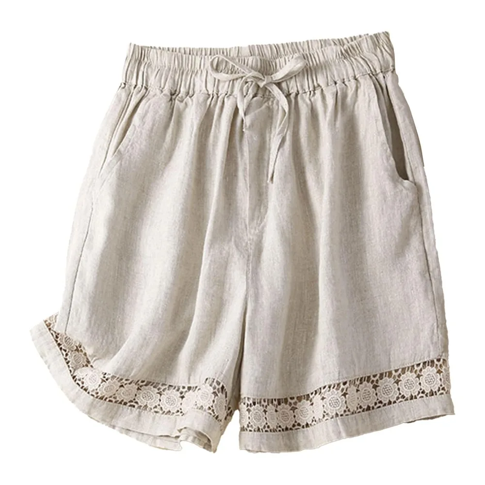 Summer Cotton Linen Solid Colour Hollow Out Shorts with Drawstring and Pockets — Gris