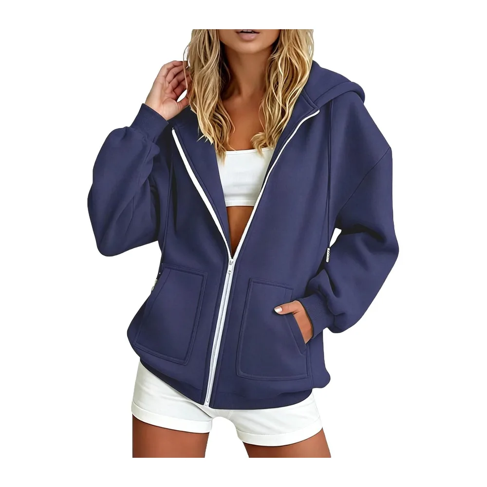 Hooded Sweatshirt Long Sleeve Casual Jacket with Pockets Casual Warm Chic — Marine-a