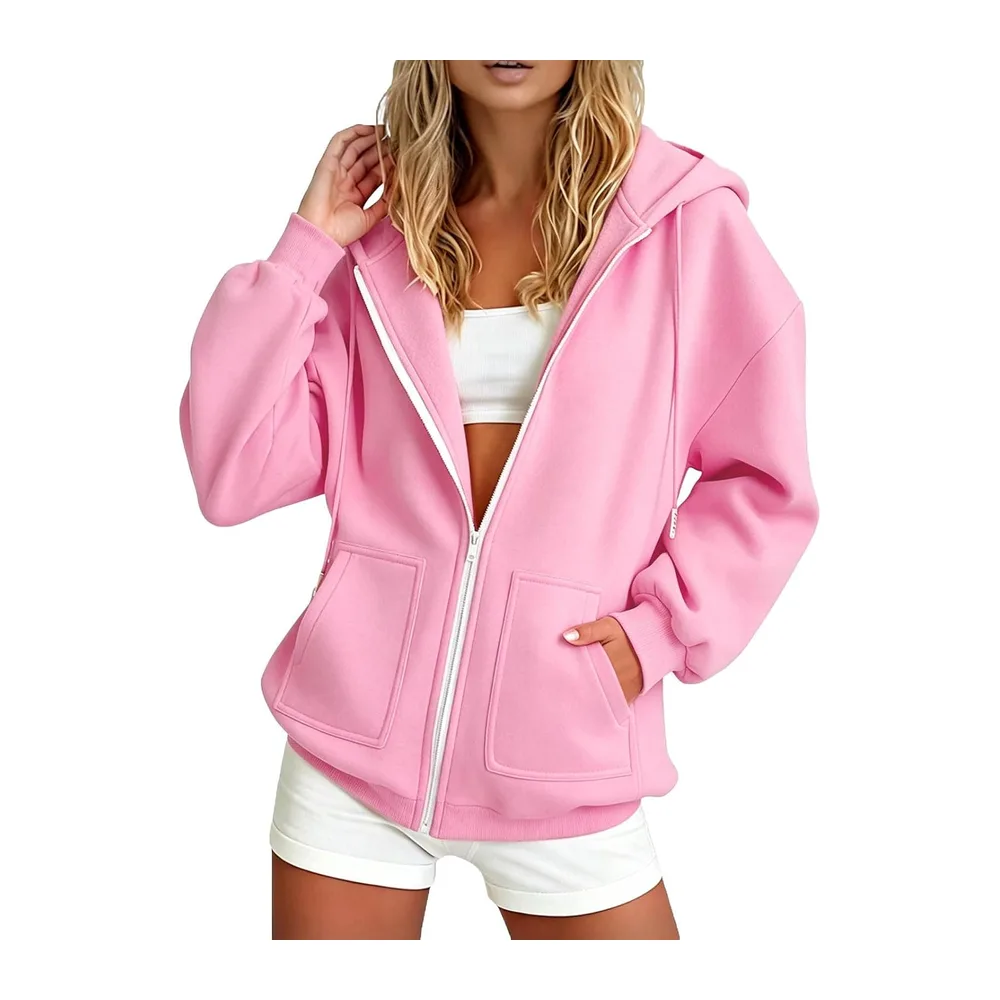 Hooded Sweatshirt Long Sleeve Casual Jacket with Pockets Casual Warm Chic Elegant — Rose-a