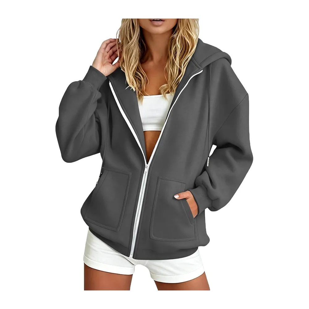 Hooded Sweatshirt Long Sleeve Casual Jacket with Pockets Casual Warm Chic Elegant — Grey-a
