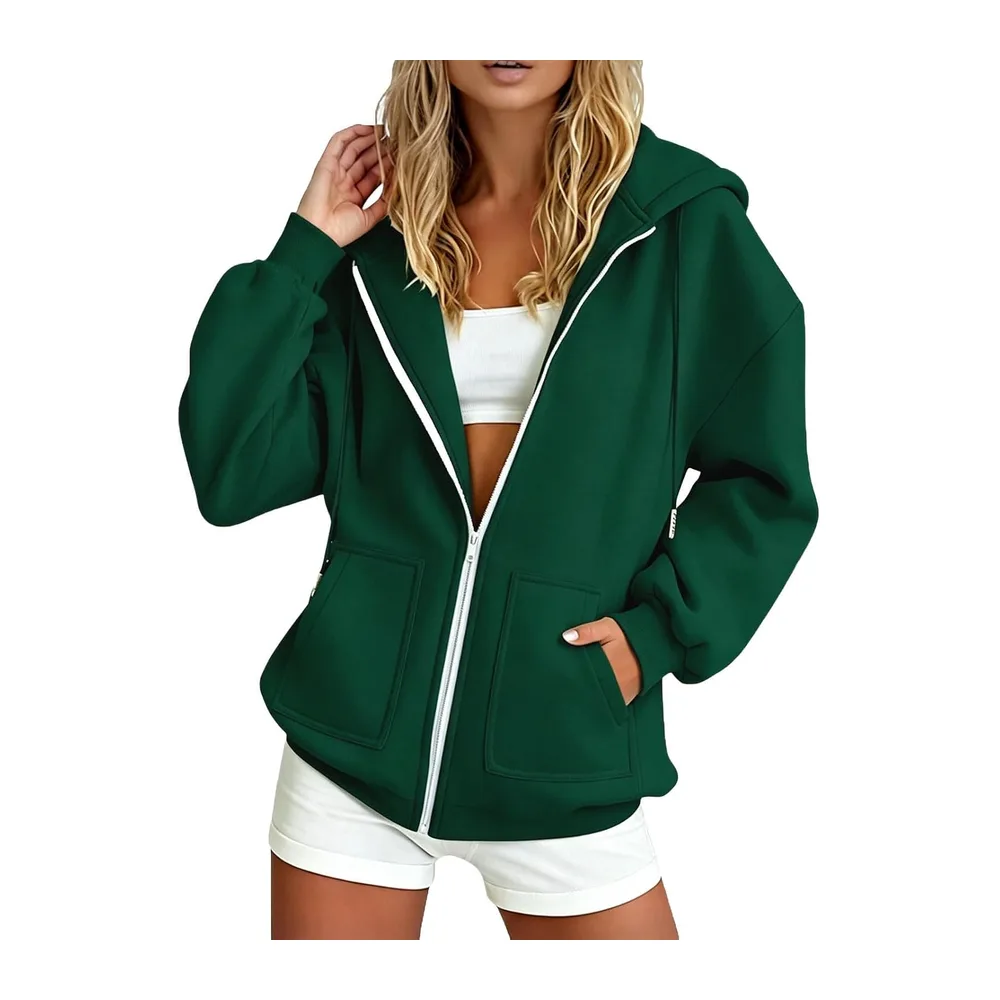 Hooded Sweatshirt Long Sleeve Casual Jacket with Pockets Casual Warm Chic — Dark Vert-a