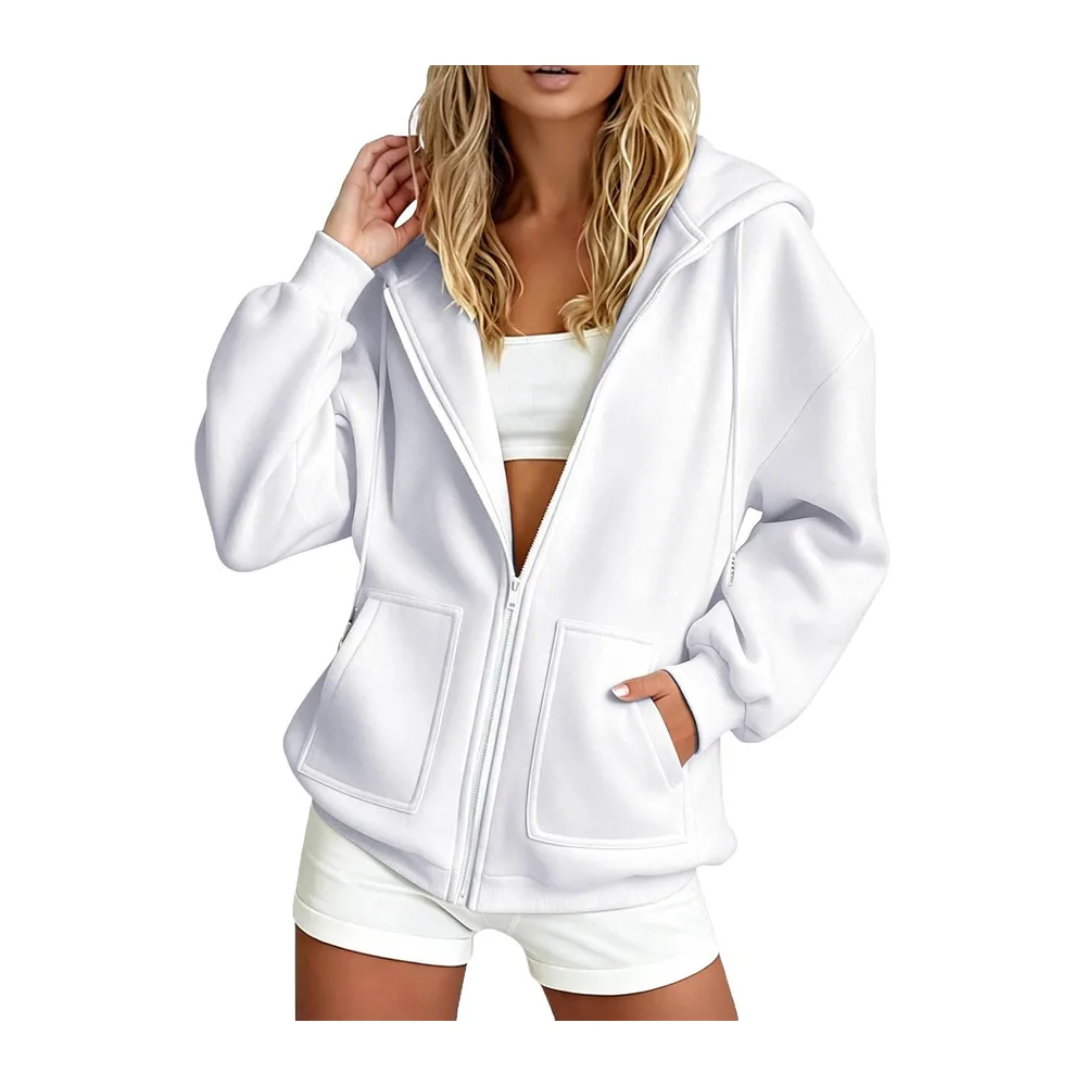 Hooded Sweatshirt Long Sleeve Casual Jacket with Pockets Casual Warm Chic — Blanc-a