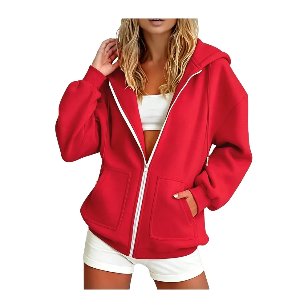 Hooded Sweatshirt Long Sleeve Casual Jacket with Pockets Casual Warm Chic — Rouge-a