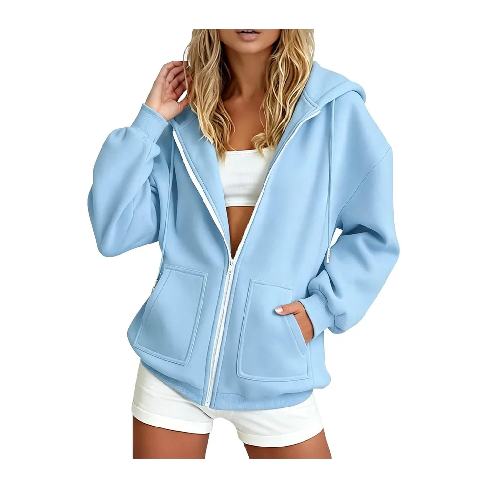 Hooded Sweatshirt Long Sleeve Casual Jacket with Pockets Casual Warm Chic — Bleu Ciel-a