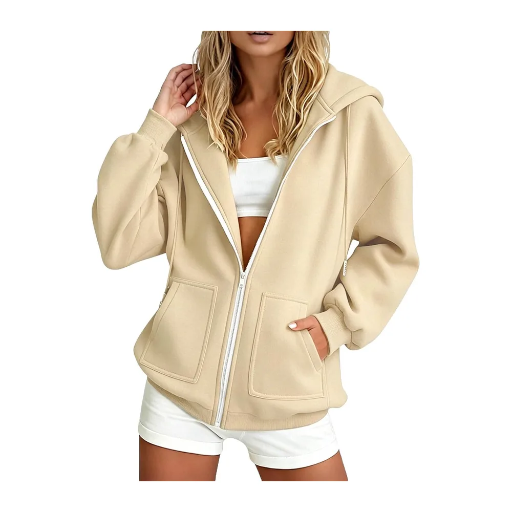 Hooded Sweatshirt Long Sleeve Casual Jacket with Pockets Casual Warm Chic Elegant — Kaki-a