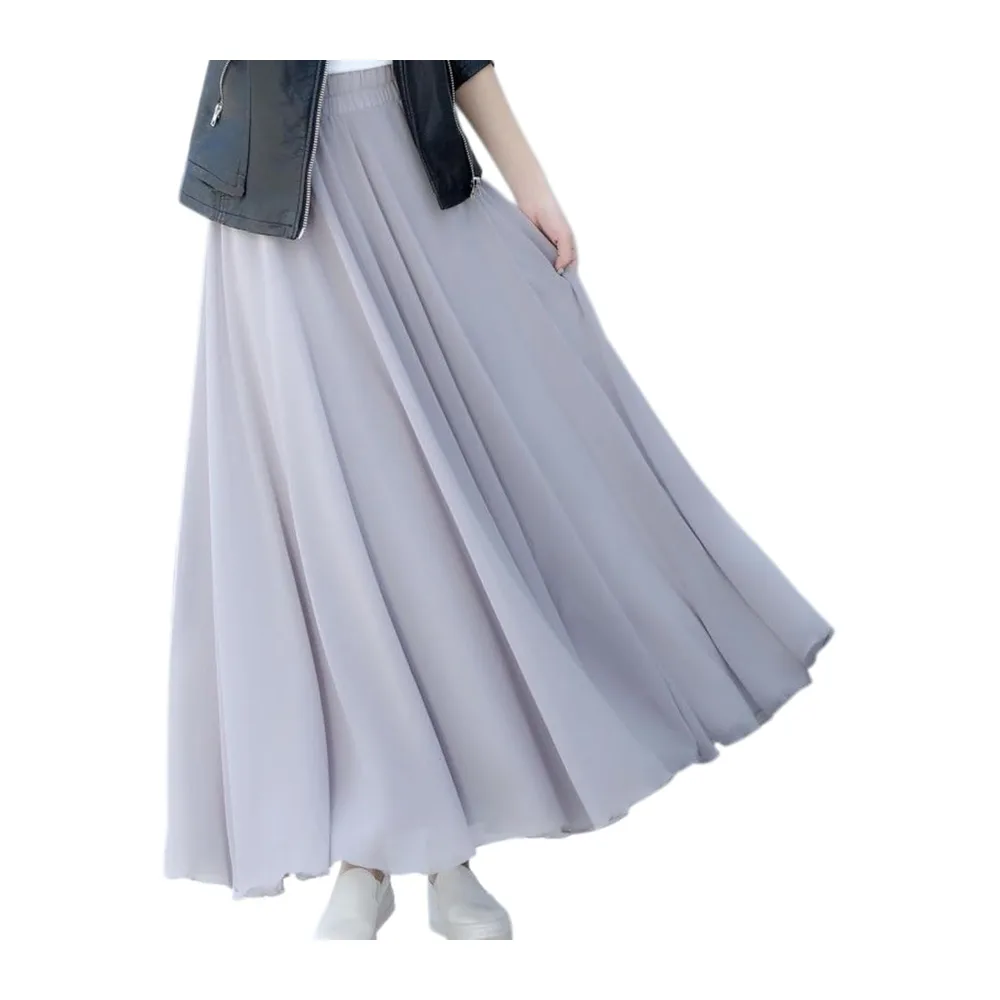 Robe Haute Taille Chiffon Maxi Jupe Flowy Full Circle Long Danse Élégante Casual — Gris