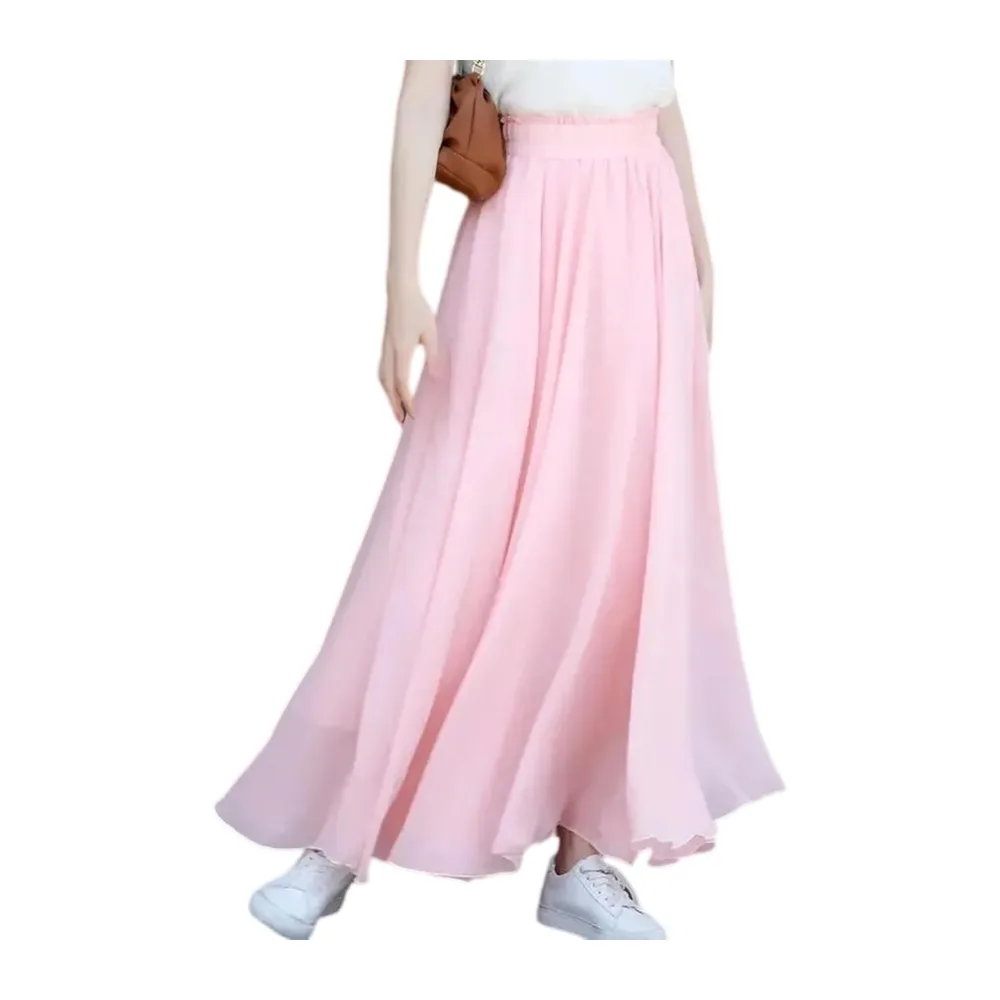 Robe Haute Taille Chiffon Maxi Jupe Flowy Full Circle Long Danse Élégante Casual — Rose