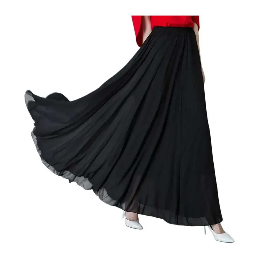 Robe Haute Taille Chiffon Maxi Jupe Flowy Full Circle Long Danse Élégante Casual — Noir