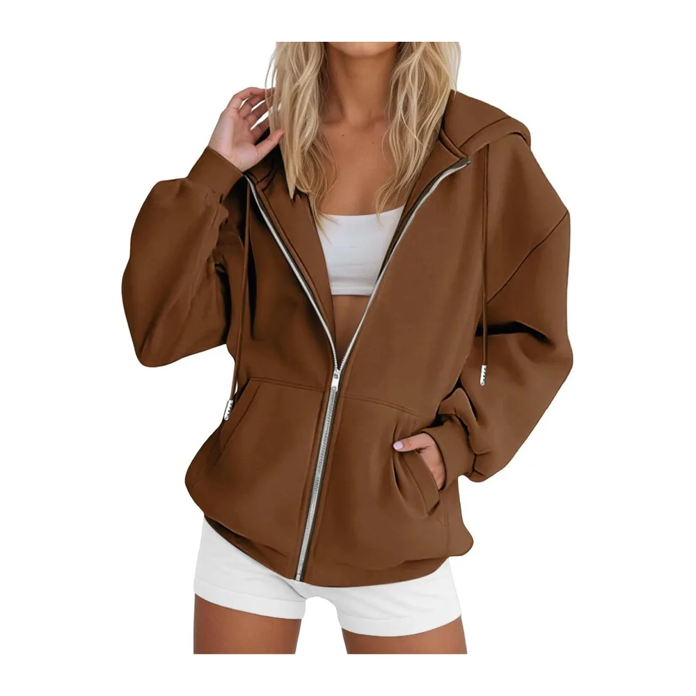 Hooded Sweatshirt Jacket Zipper Pullover Solid Color Long Clothing Sports — Brick Rouge