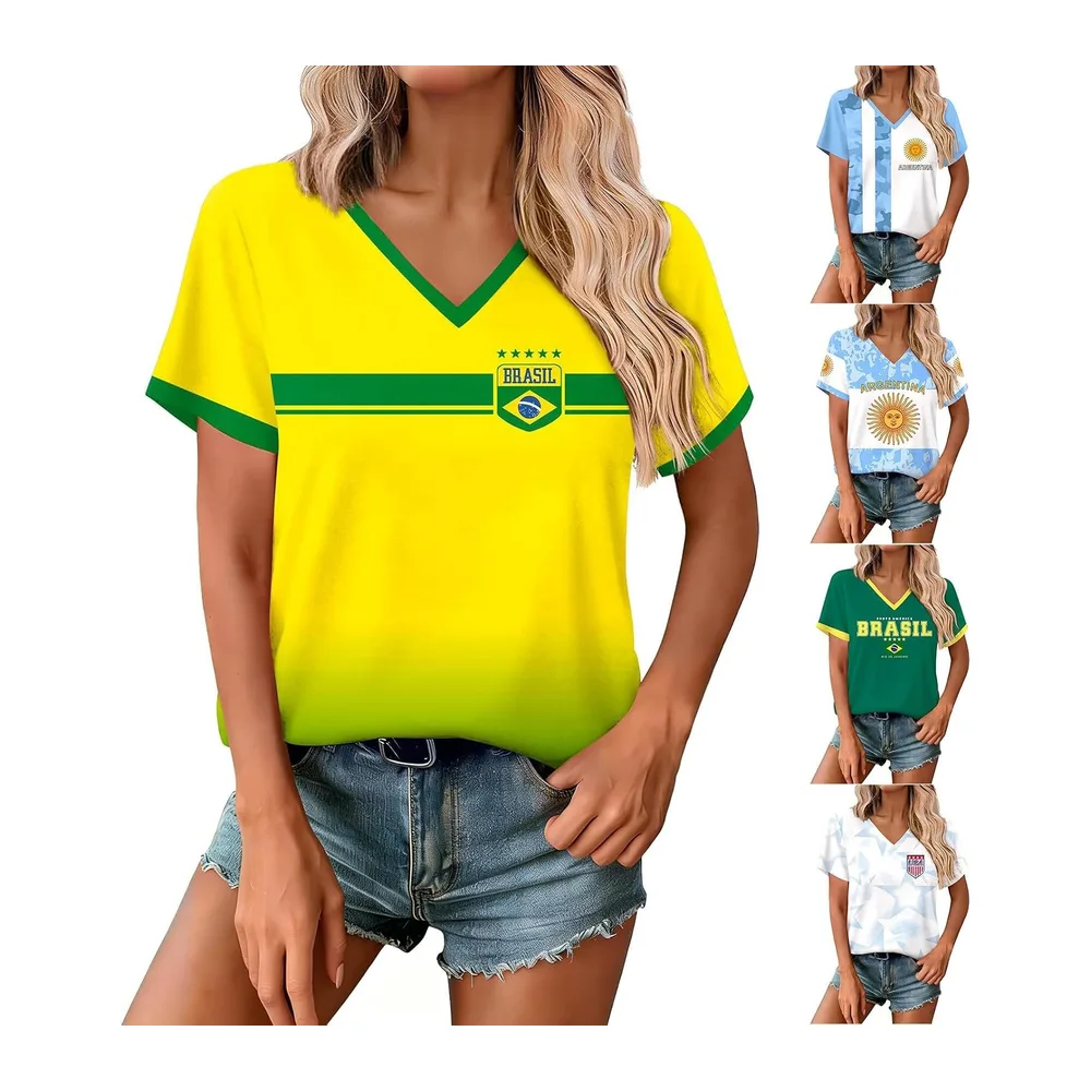 À Manches Courtes Col V Maillot Coupe Monde 2026 avec Imprimé Drapeaux Brésil — Jaune