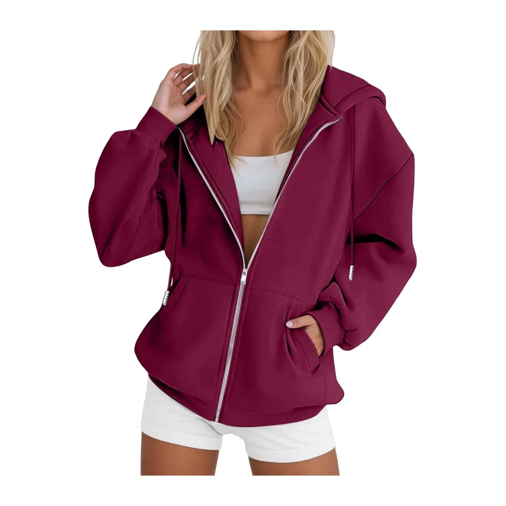Hooded Sweatshirt Jacket Zipper Pullover Solid Color Long Clothing Sports Jogging — Rouge