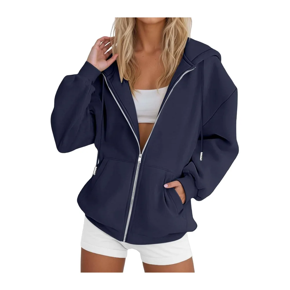 Hooded Sweatshirt Jacket Zipper Pullover Solid Color Long Clothing Sports — Bleu Foncé