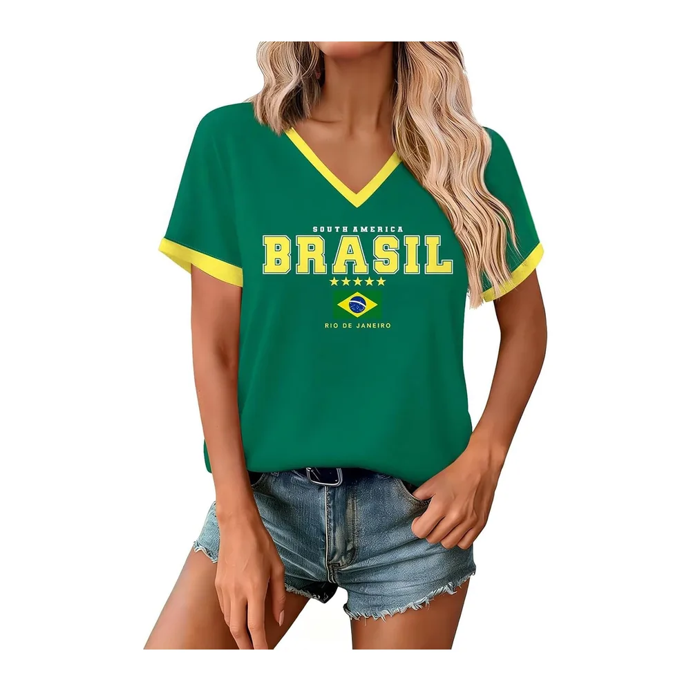 À Manches Courtes Col V Maillot Coupe Monde 2026 avec Imprimé Drapeaux Brésil — Vert