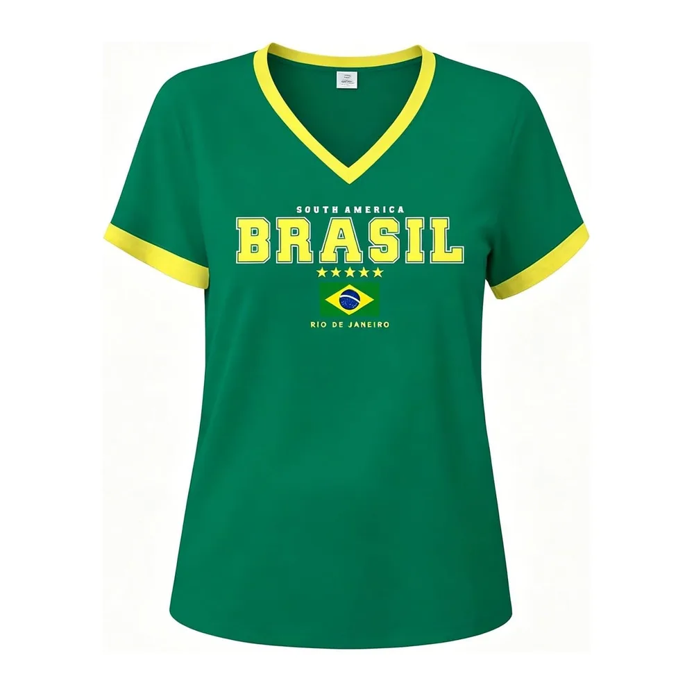 À Manches Courtes Col V Maillot Coupe Monde 2026 avec Imprimé Drapeaux Brésil — Vert