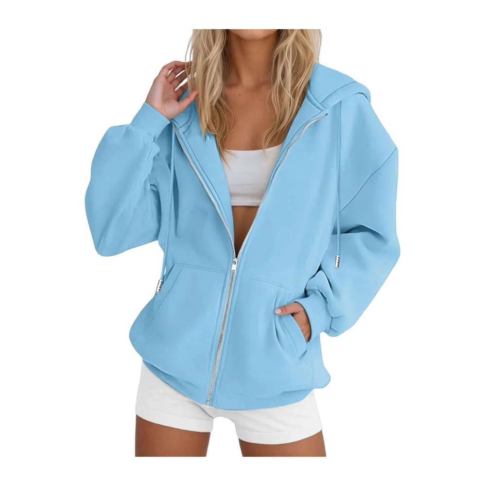 Hooded Sweatshirt Jacket Zipper Pullover Solid Color Long Clothing Sports — Bleu Clair