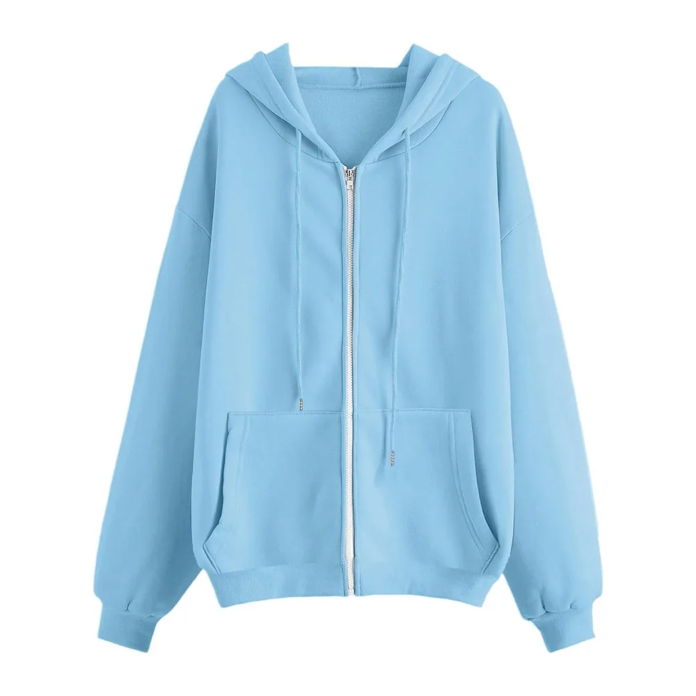Hooded Sweatshirt Jacket Zipper Pullover Solid Color Long Clothing Sports — Bleu Clair