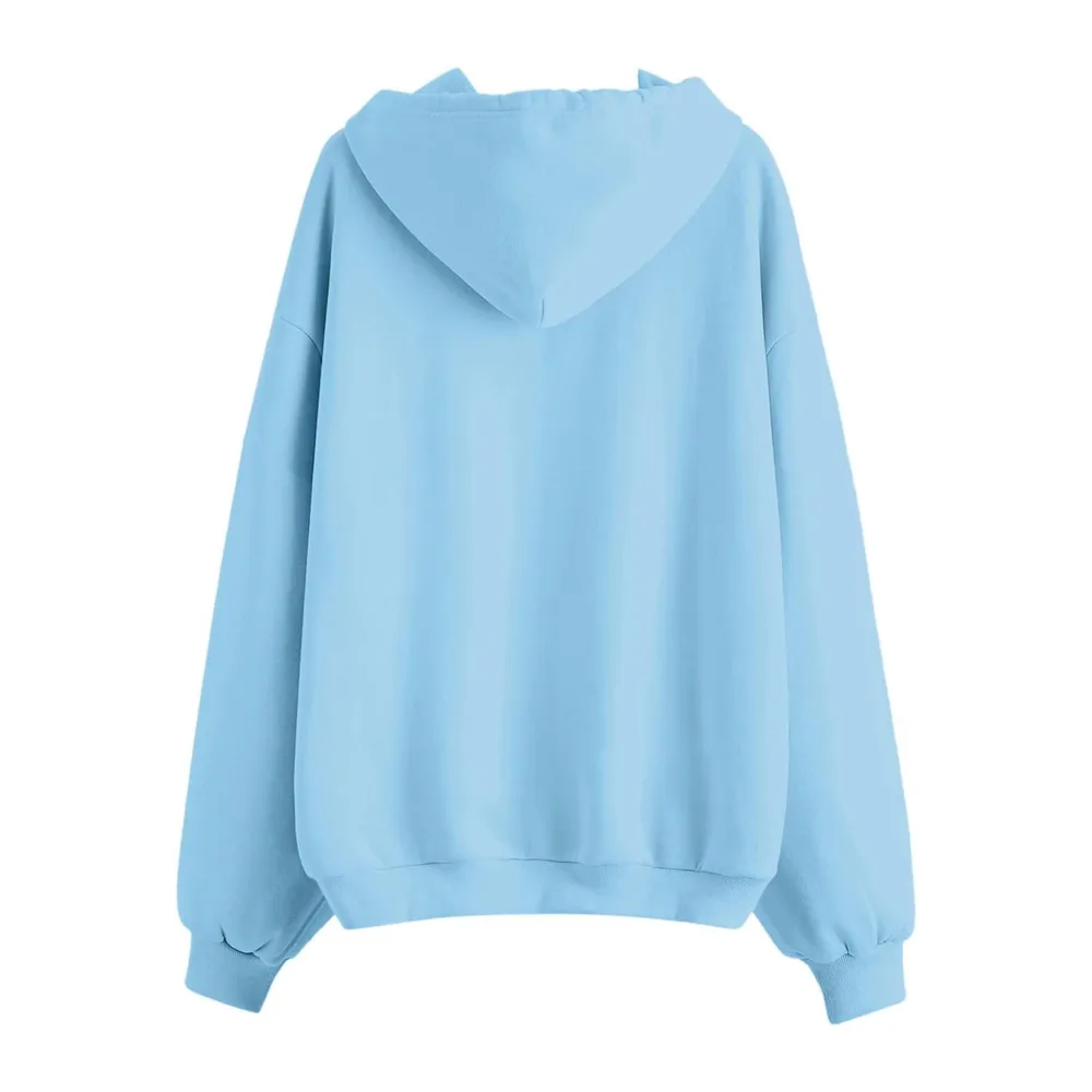 Hooded Sweatshirt Jacket Zipper Pullover Solid Color Long Clothing Sports — Bleu Clair