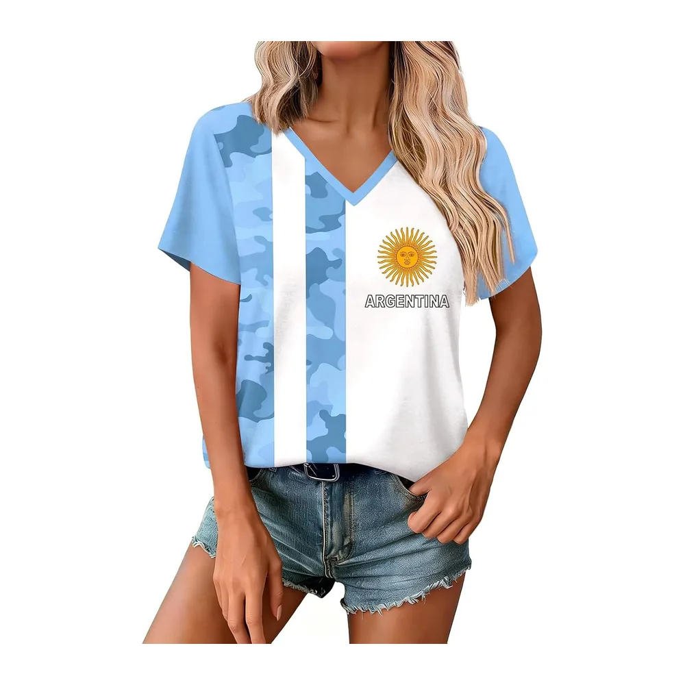 À Manches Courtes Col V Maillot Coupe Monde 2026 avec Imprimé Drapeaux Brésil — Bleu Ciel