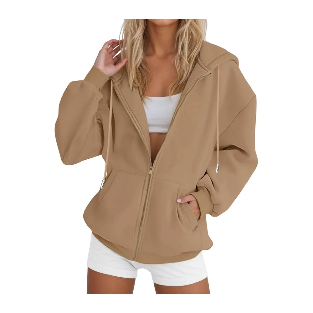 Sweat à Capuche Veste Zippée Pull Manches Couleur Unie Longues Vêtement Sport — Kaki