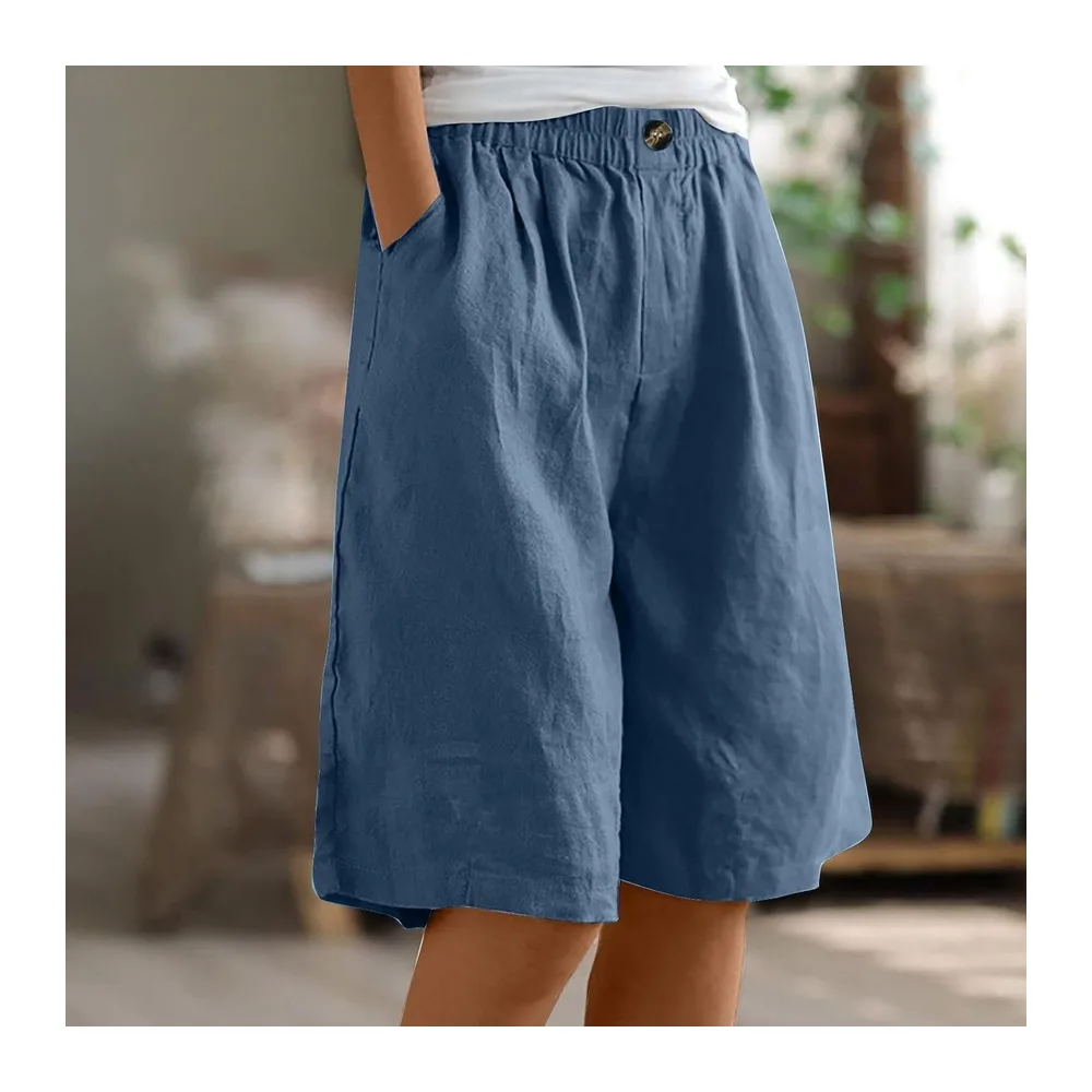 Summer Shorts Large Size Cotton and Linen Baggy Shorts Elastic High Waist Summer — Bleu-1