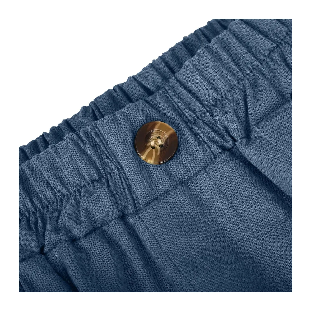 Summer Shorts Large Size Cotton and Linen Baggy Shorts Elastic High Waist Summer — Bleu-1