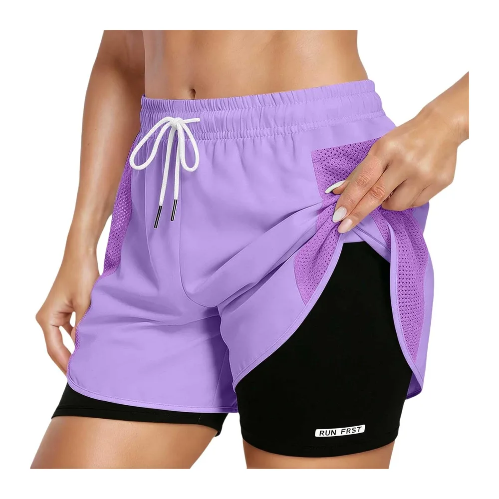 In 1 High Waist Sports Shorts with Lining and Zipper Pockets, Breathable Running — Violet