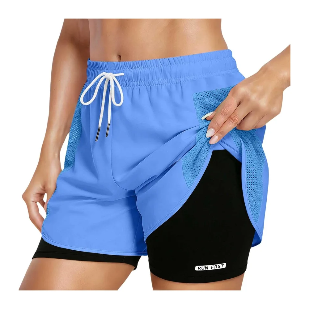 In 1 High Waist Sports Shorts with Lining and Zipper Pockets, Breathable Running — Bleu