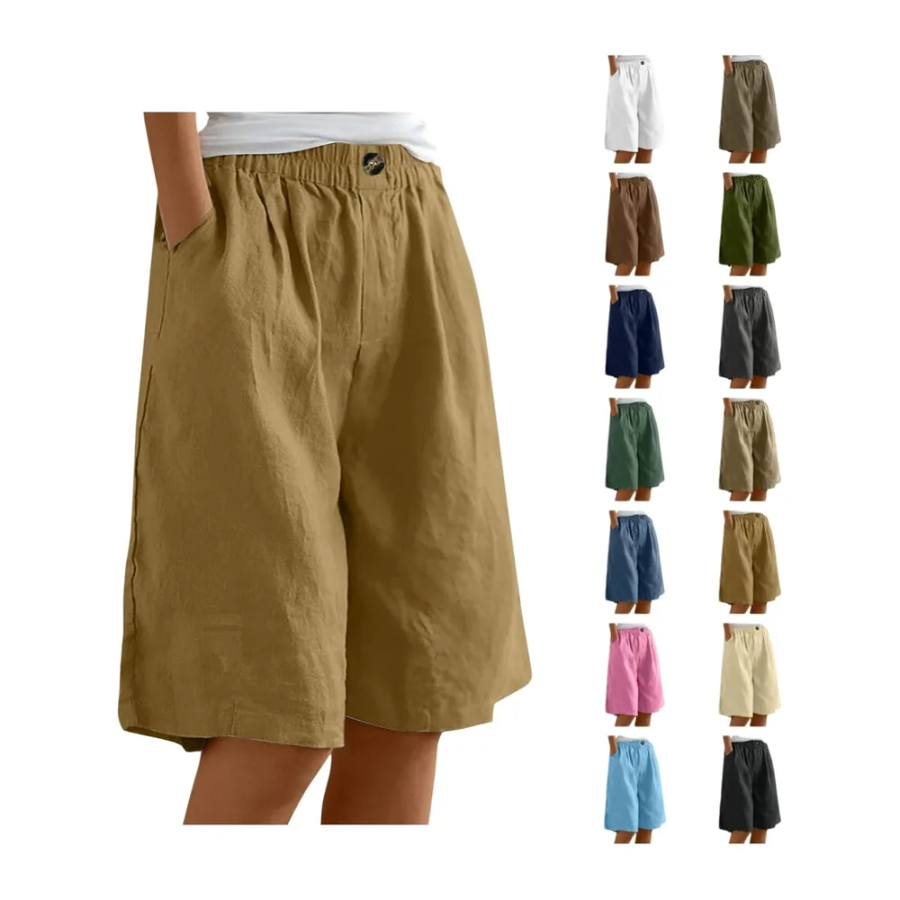 Summer Shorts Large Size Cotton and Linen Baggy Shorts Elastic High Waist — Jaune-2