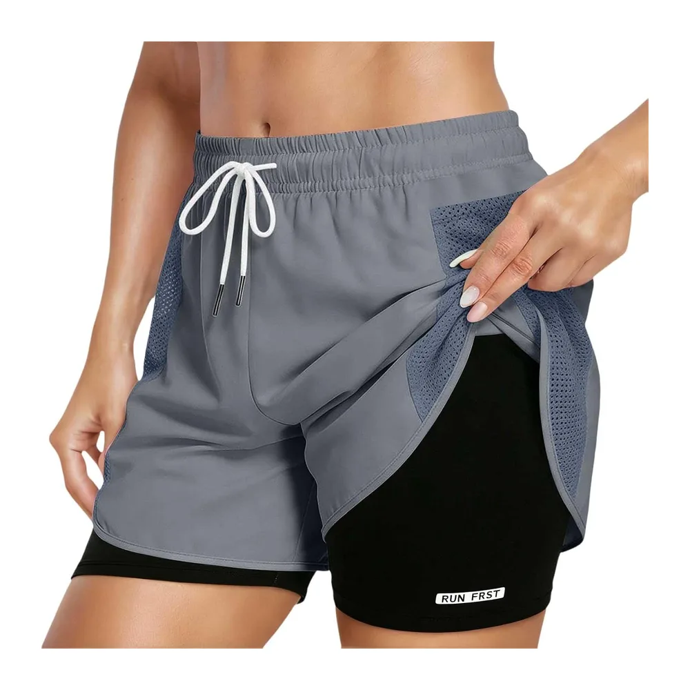 In 1 High Waist Sports Shorts with Lining and Zipper Pockets, Breathable Running — Gris
