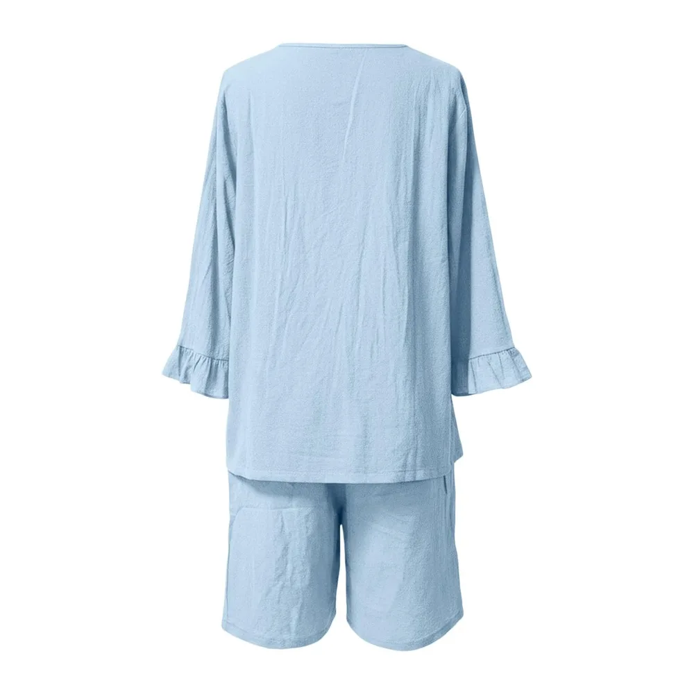 Ensemble Chic et Élégant Éte Chemise à Manches 3/4 et Short avec Poches en — Sky Blue