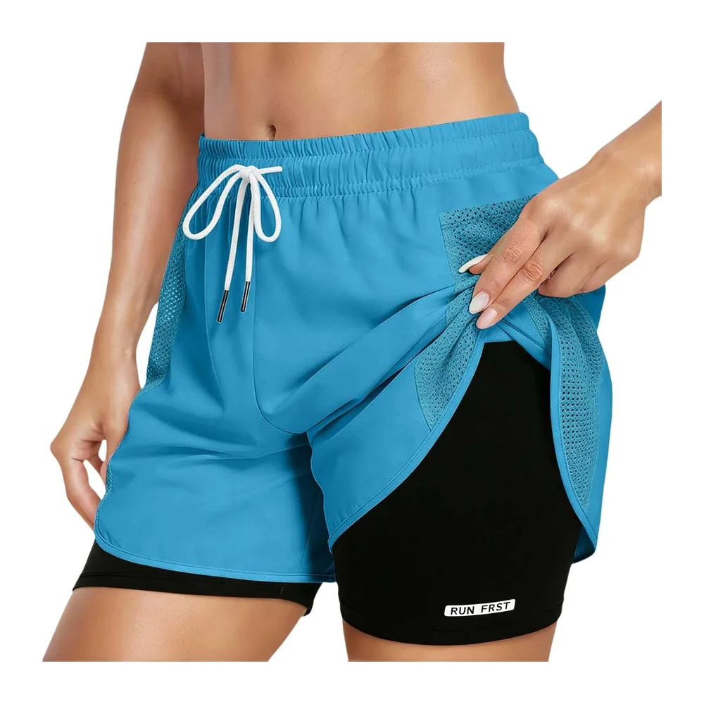 In 1 High Waist Sports Shorts with Lining and Zipper Pockets, Breathable — Bleu Ciel