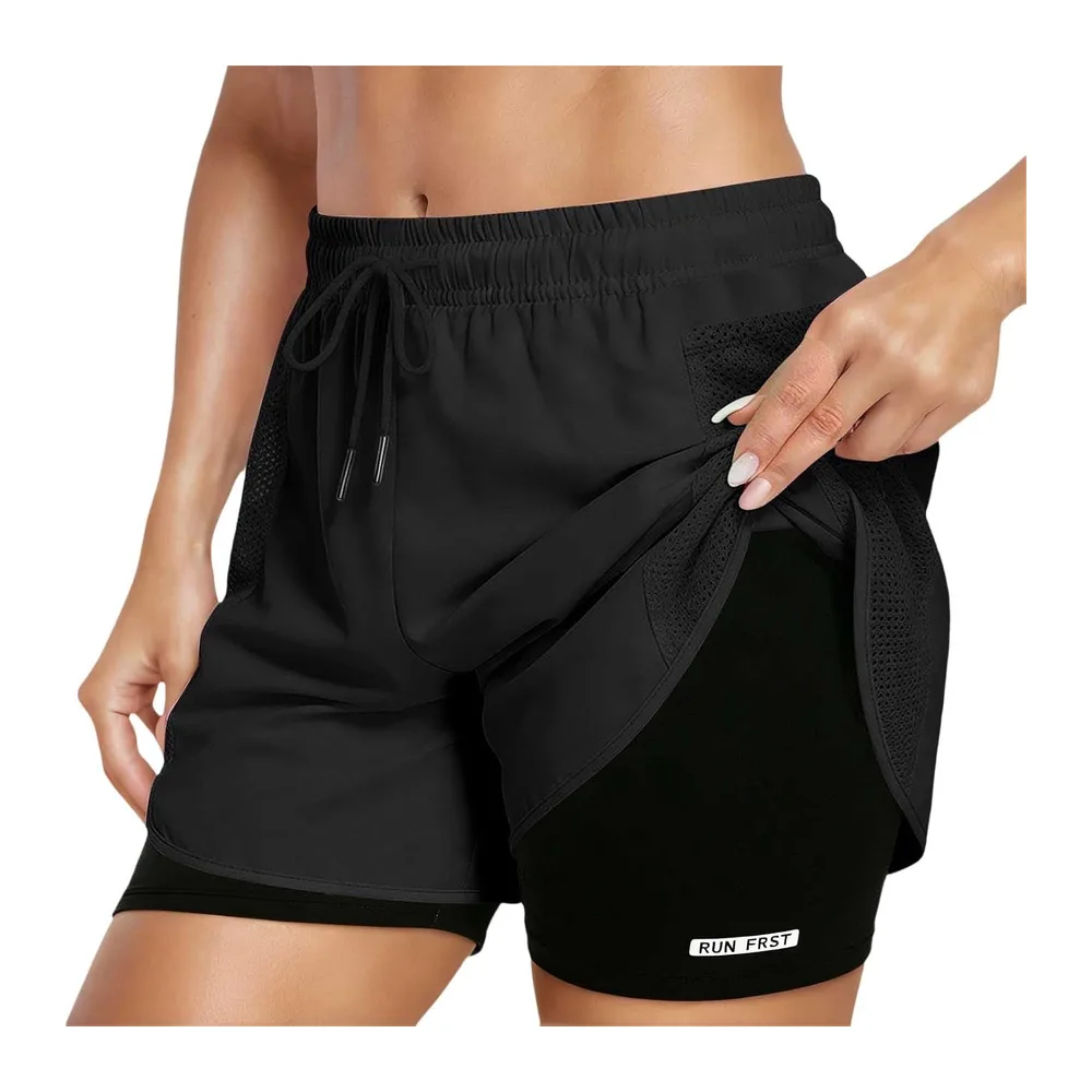 In 1 High Waist Sports Shorts with Lining and Zipper Pockets, Breathable — Le Noir