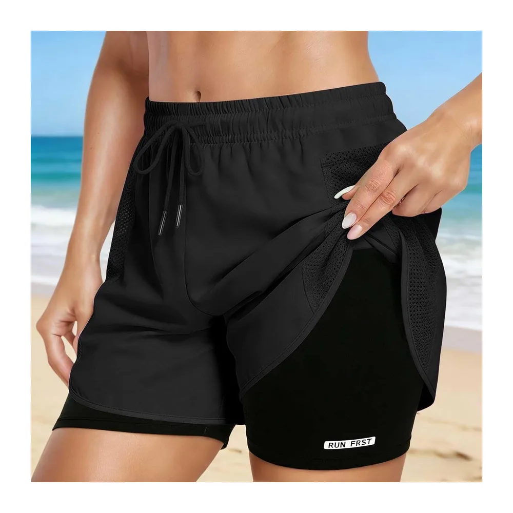 In 1 High Waist Sports Shorts with Lining and Zipper Pockets, Breathable — Le Noir