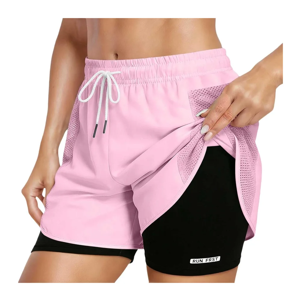 In 1 High Waist Sports Shorts with Lining and Zipper Pockets, Breathable Running — Rose