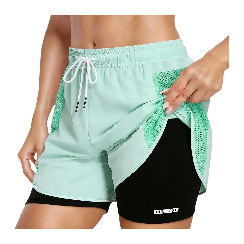 In 1 High Waist Sports Shorts with Lining and Zipper Pockets, Breathable — Light Vert