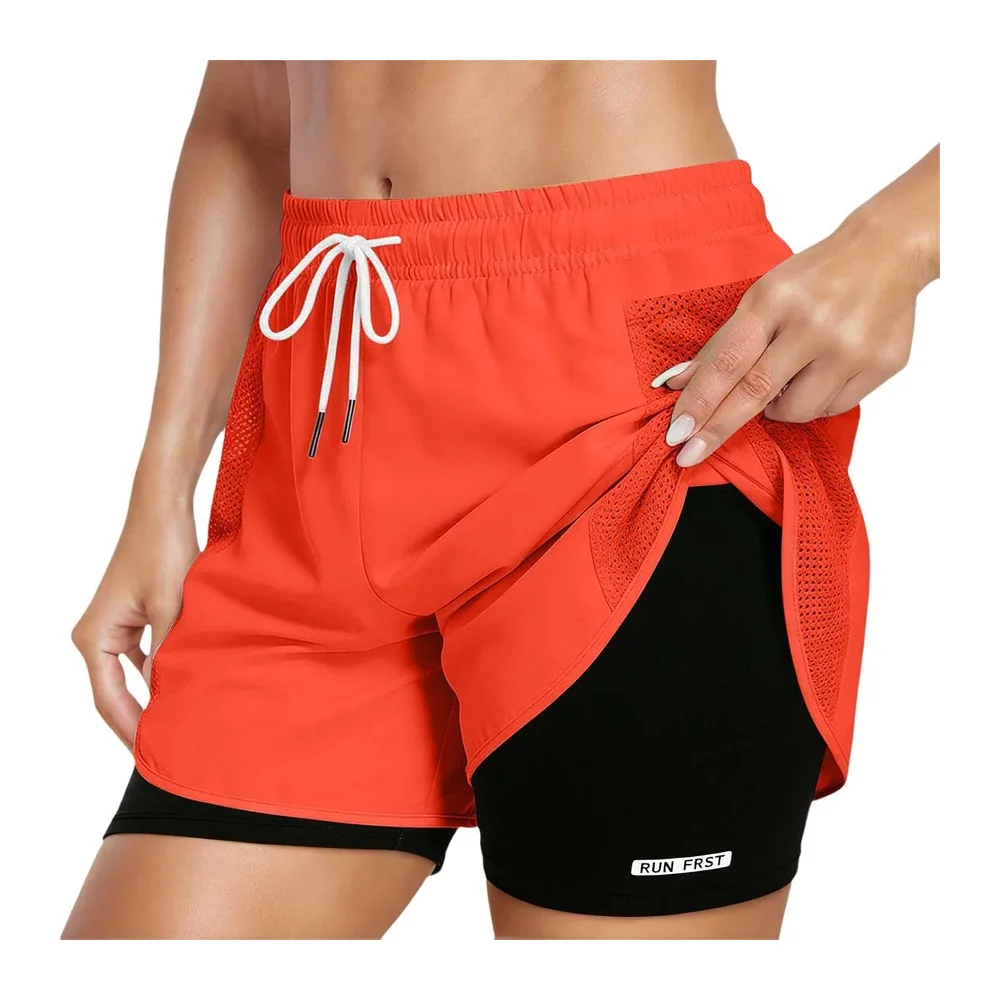 In 1 High Waist Sports Shorts with Lining and Zipper Pockets, Breathable Running — Rouge