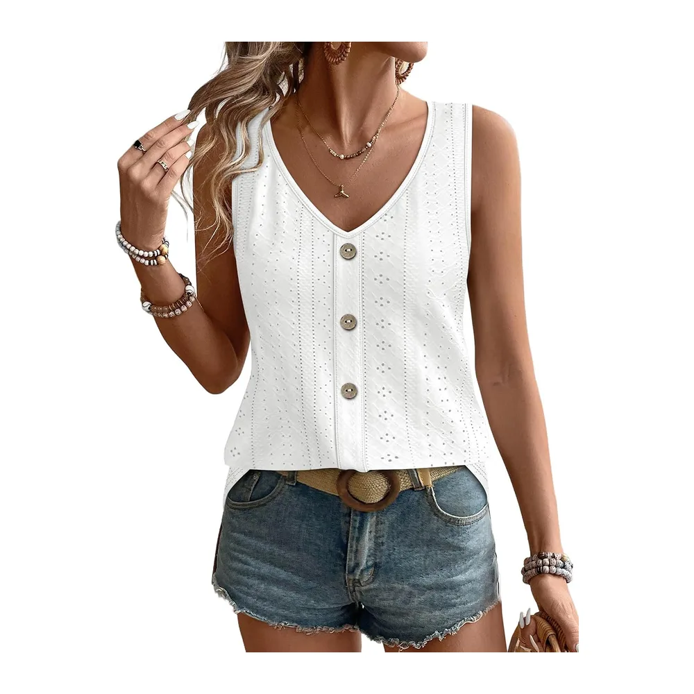 V-Neck Summer Tank Top Elegant Loose — Blanc