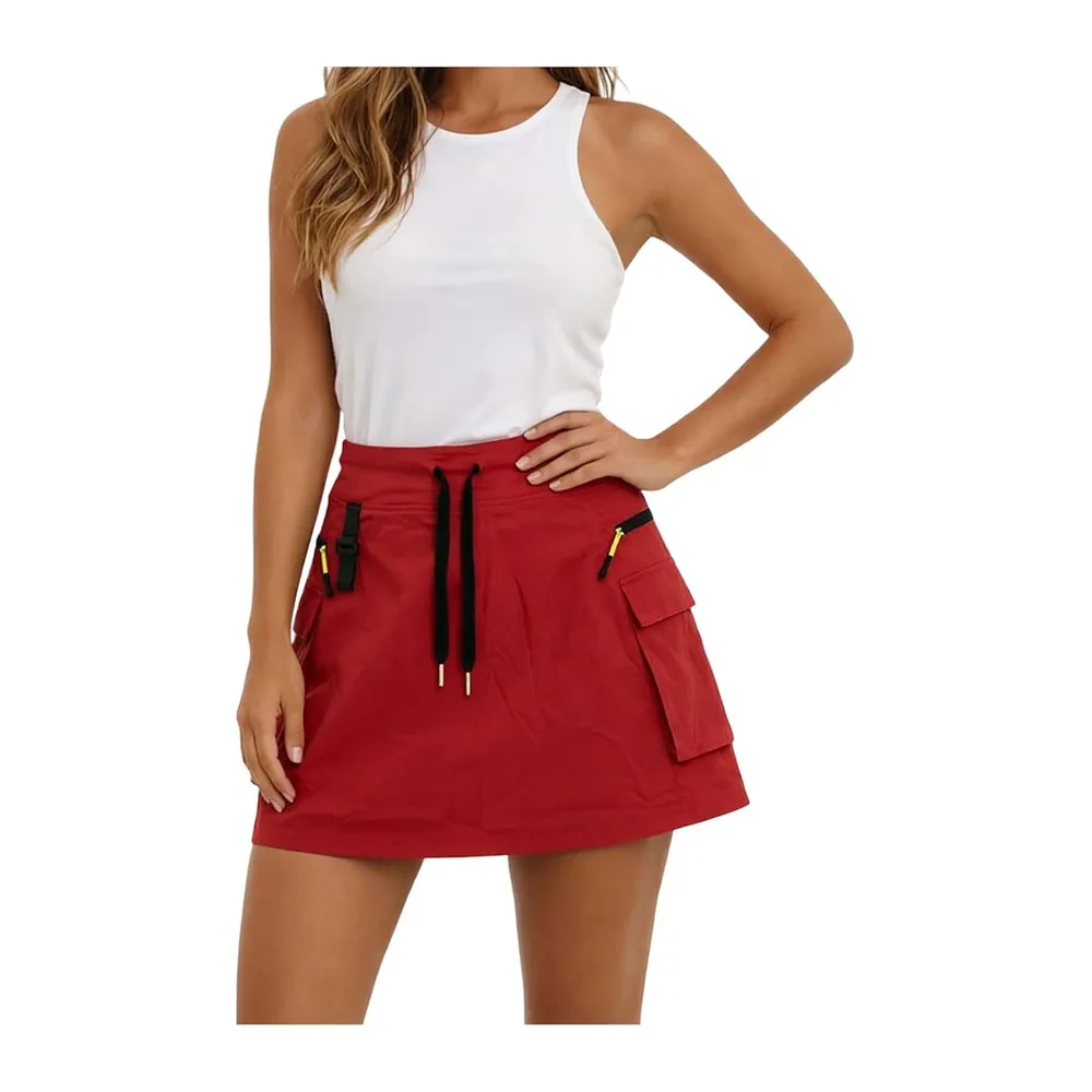 High Waist Cargo Skirt with Zipper Pockets, Casual Breathable Short Skirt Quick — Rouge