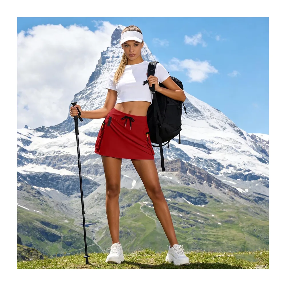 High Waist Cargo Skirt with Zipper Pockets, Casual Breathable Short Skirt Quick — Rouge