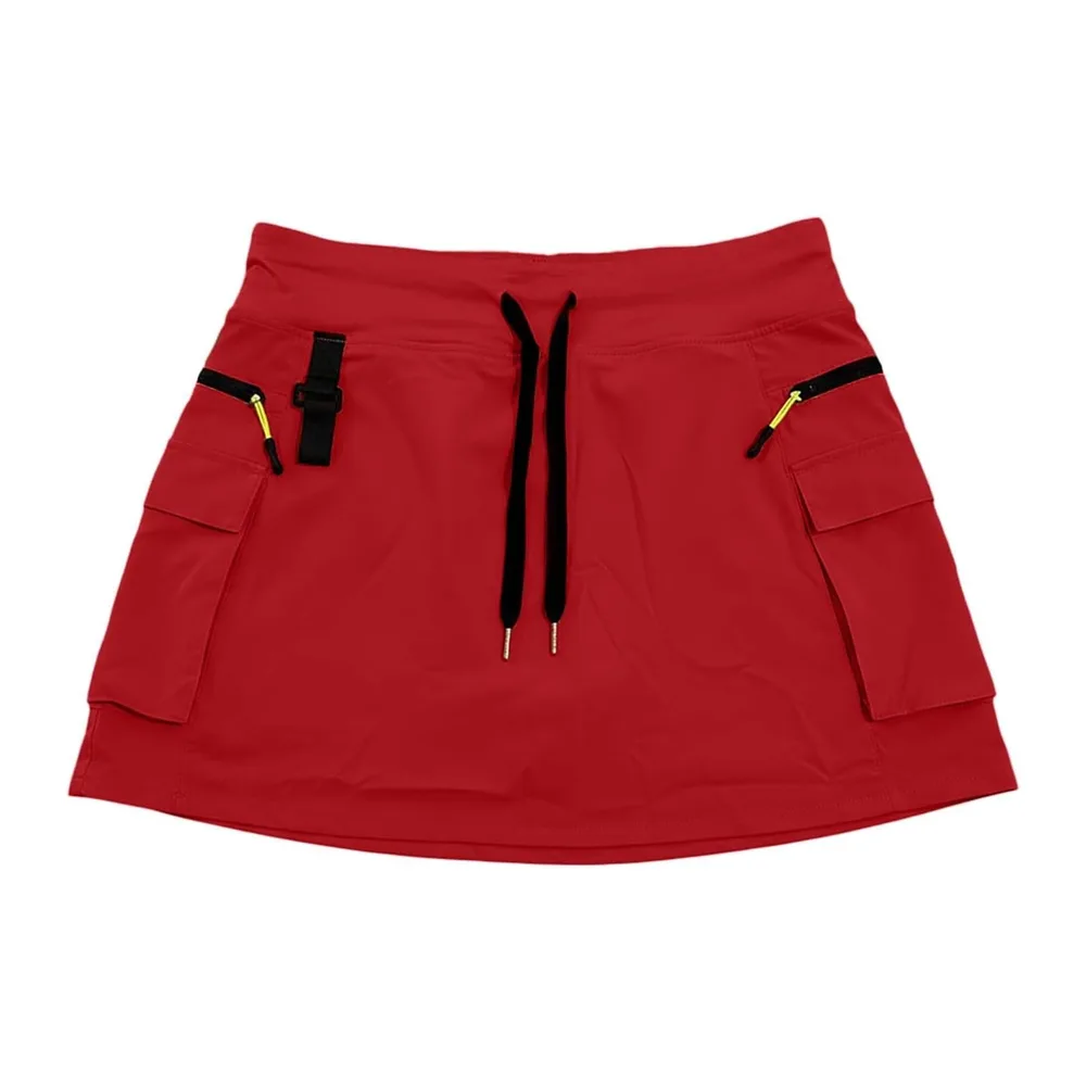 High Waist Cargo Skirt with Zipper Pockets, Casual Breathable Short Skirt Quick — Rouge