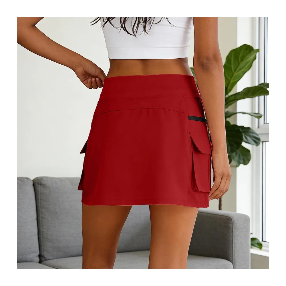 High Waist Cargo Skirt with Zipper Pockets, Casual Breathable Short Skirt Quick — Rouge