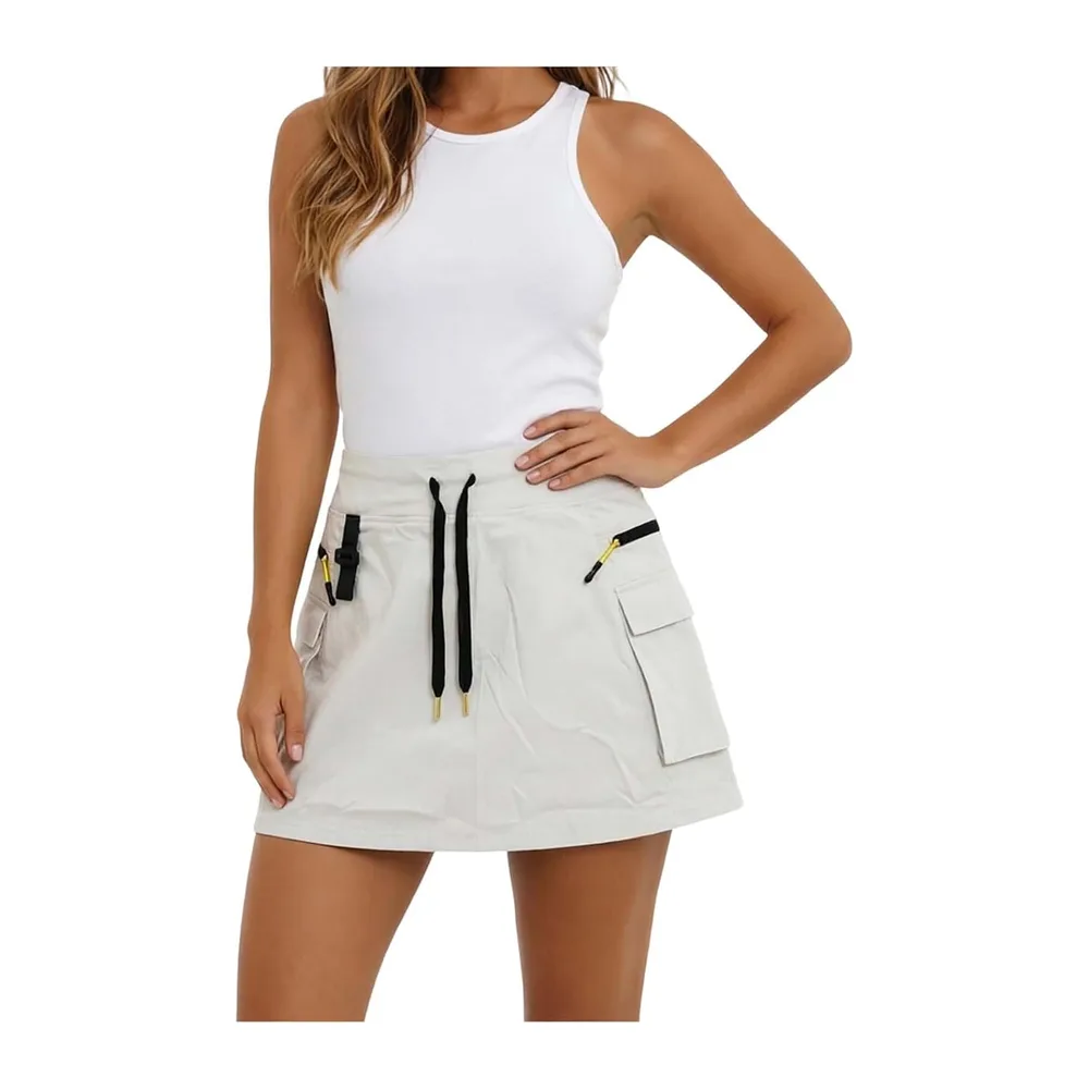 High Waist Cargo Skirt with Zipper Pockets, Casual Breathable Short Skirt Quick — Blanc