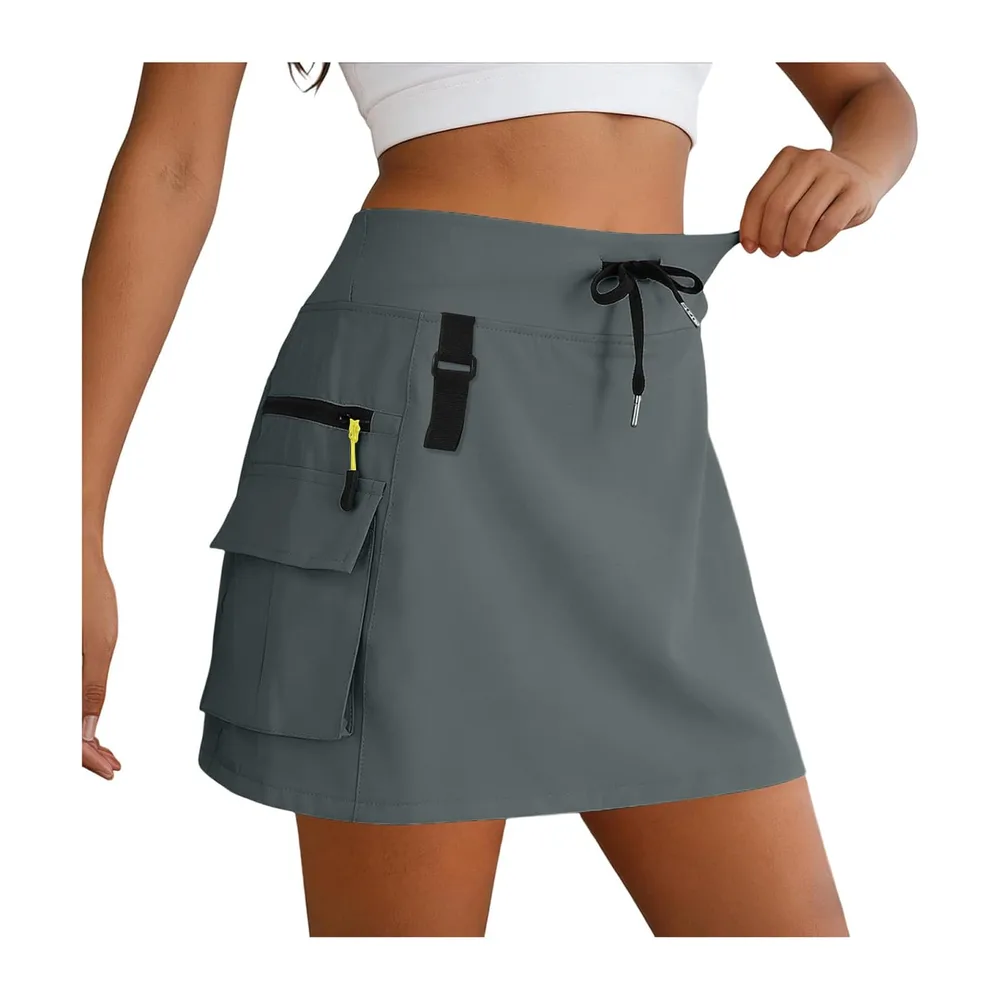 High Waist Cargo Skirt with Zipper Pockets, Casual Breathable Short Skirt Quick Dry — Gris
