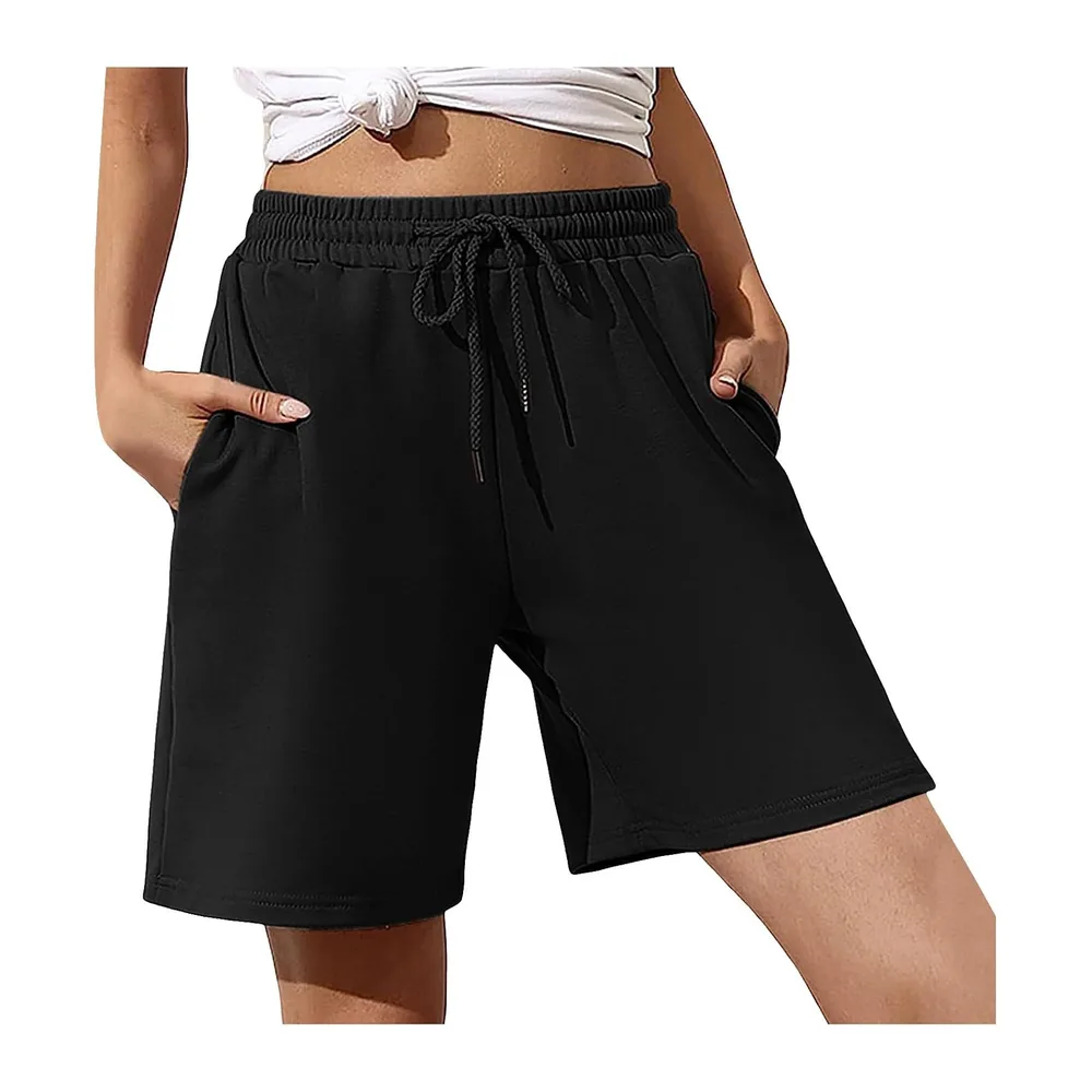 Long Loose Running Bermuda Shorts Summer High Waist Lightweight Plain Pocket — Noir