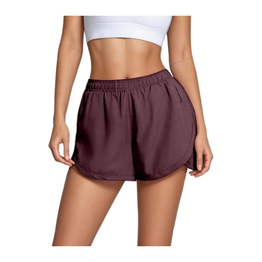 In 1 High Waist Sports Shorts with Lining and Zipper Pockets, Breathable — Brick Rouge
