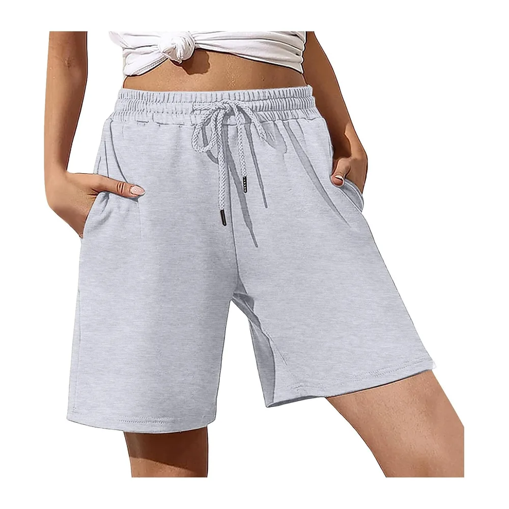 Long Loose Running Bermuda Shorts Summer High Waist Lightweight Plain Pocket — Gris