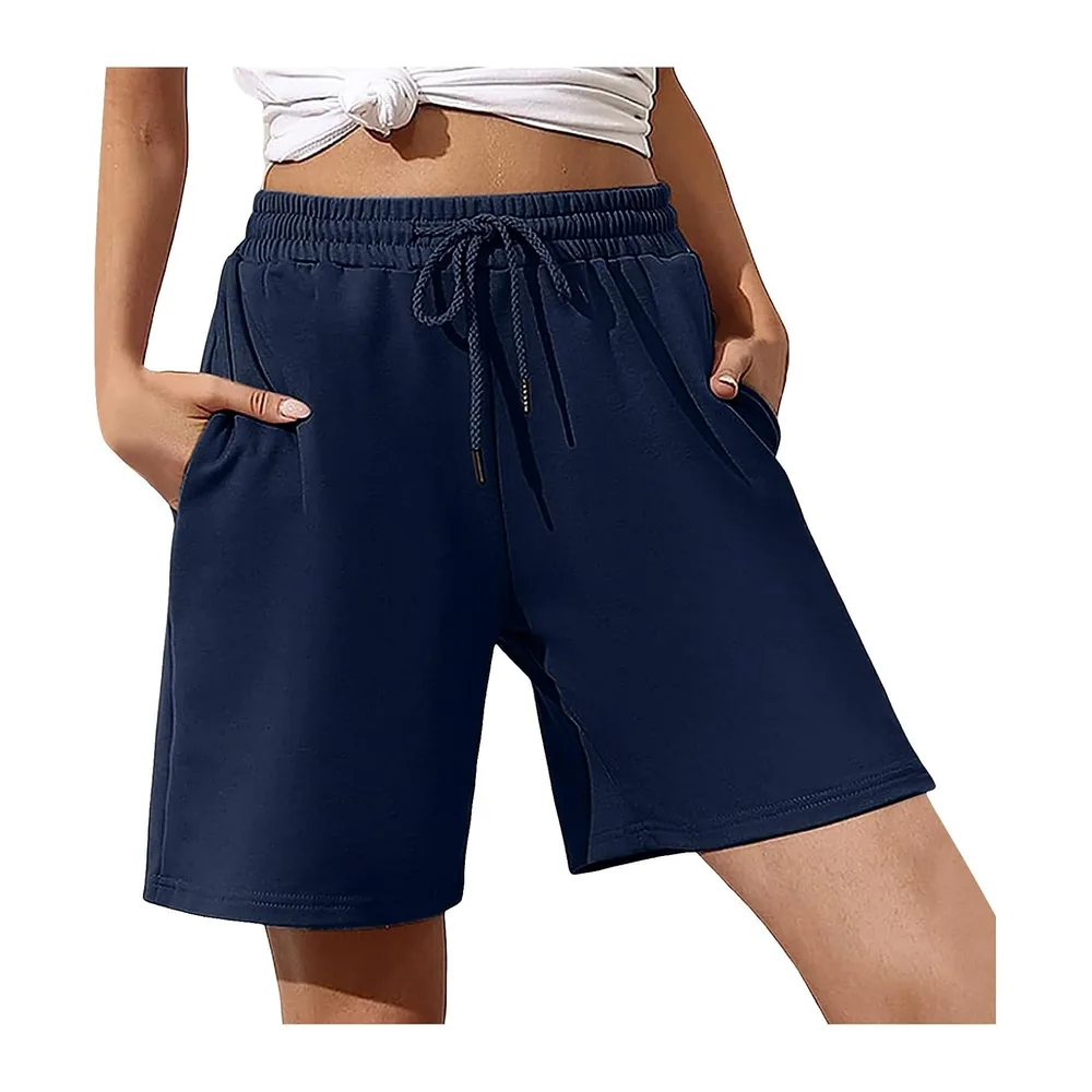 Long Loose Running Bermuda Shorts Summer High Waist Lightweight Plain Pocket — Marine