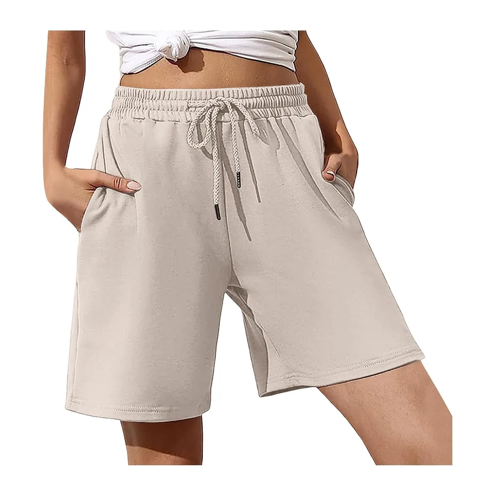 Long Loose Running Bermuda Shorts Summer High Waist Lightweight Plain Pocket — Beige